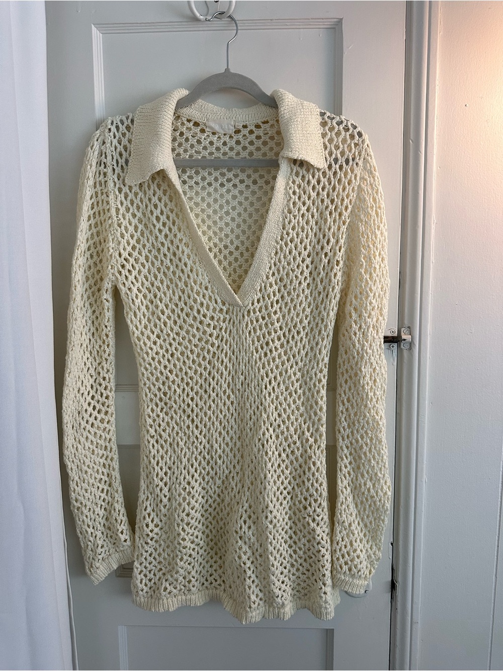 Monday Swimwear Cream Open-Knit V-Neck Sweater with Collar